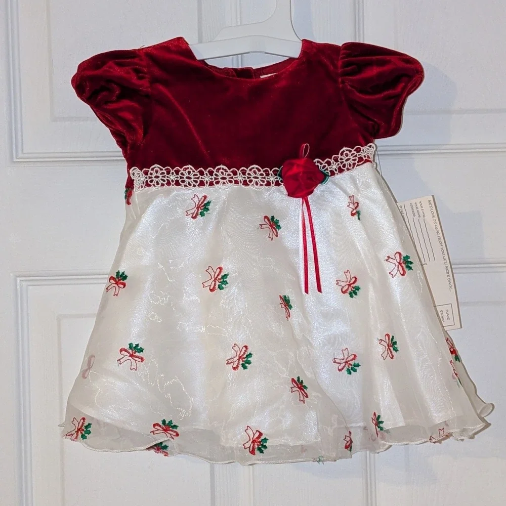 Youngland Baby Girl Red Velvet White Organza Christmas‎ Dress Set 6-9 Months NEW